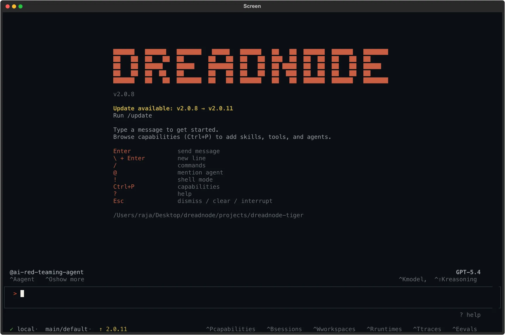 Dreadnode TUI with the AI Red Teaming agent loaded