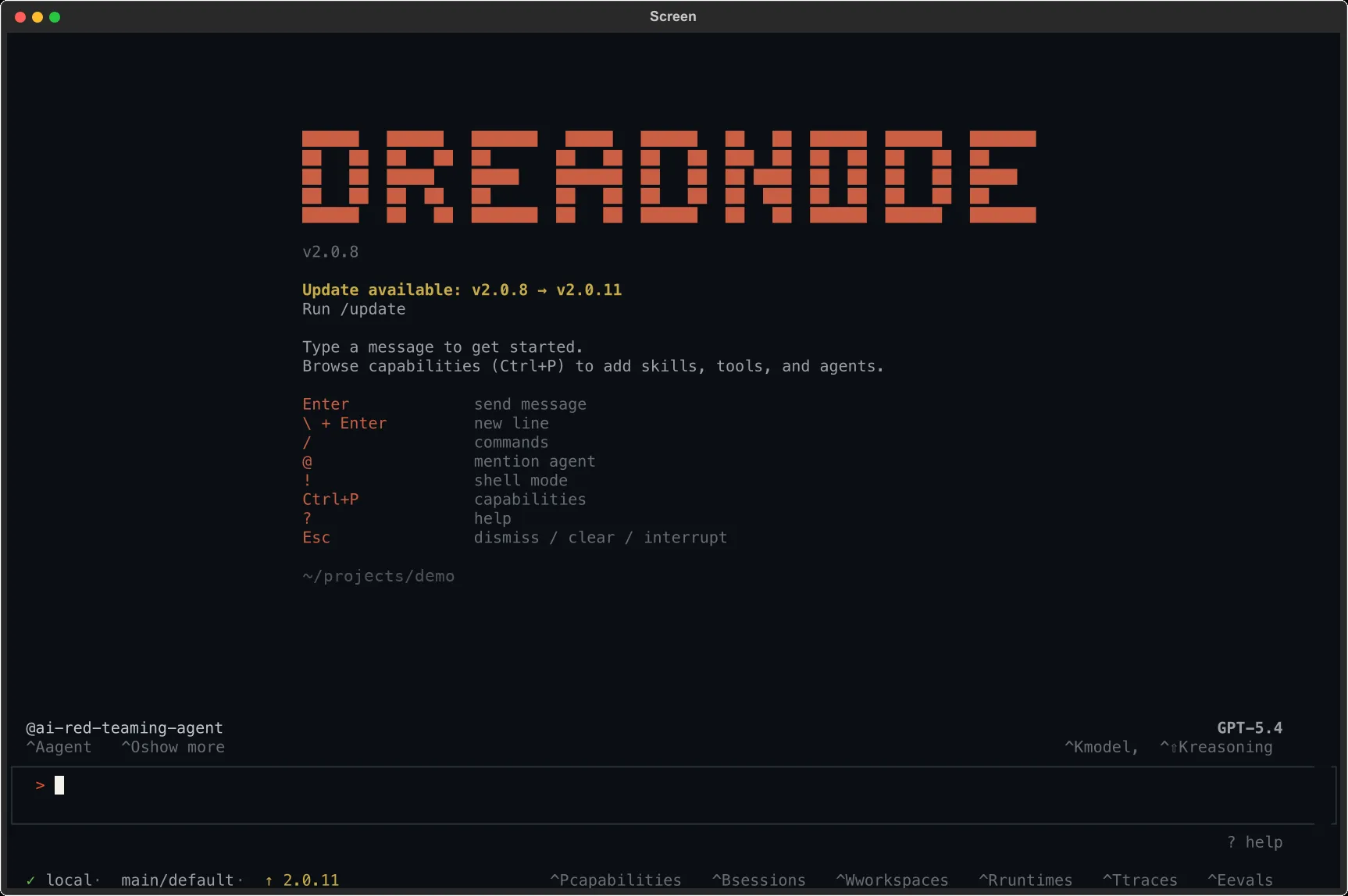 Dreadnode TUI with AI Red Teaming agent loaded and the @ai-red-teaming-agent active in the status bar