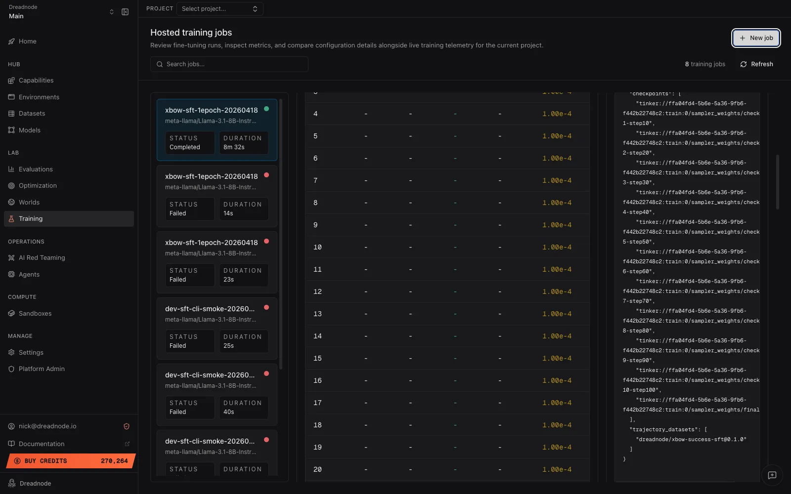 Artifacts & refs card showing Tinker checkpoint paths