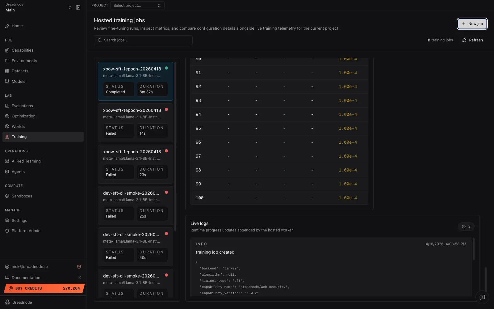 Live logs panel showing a training-job-created event with structured data