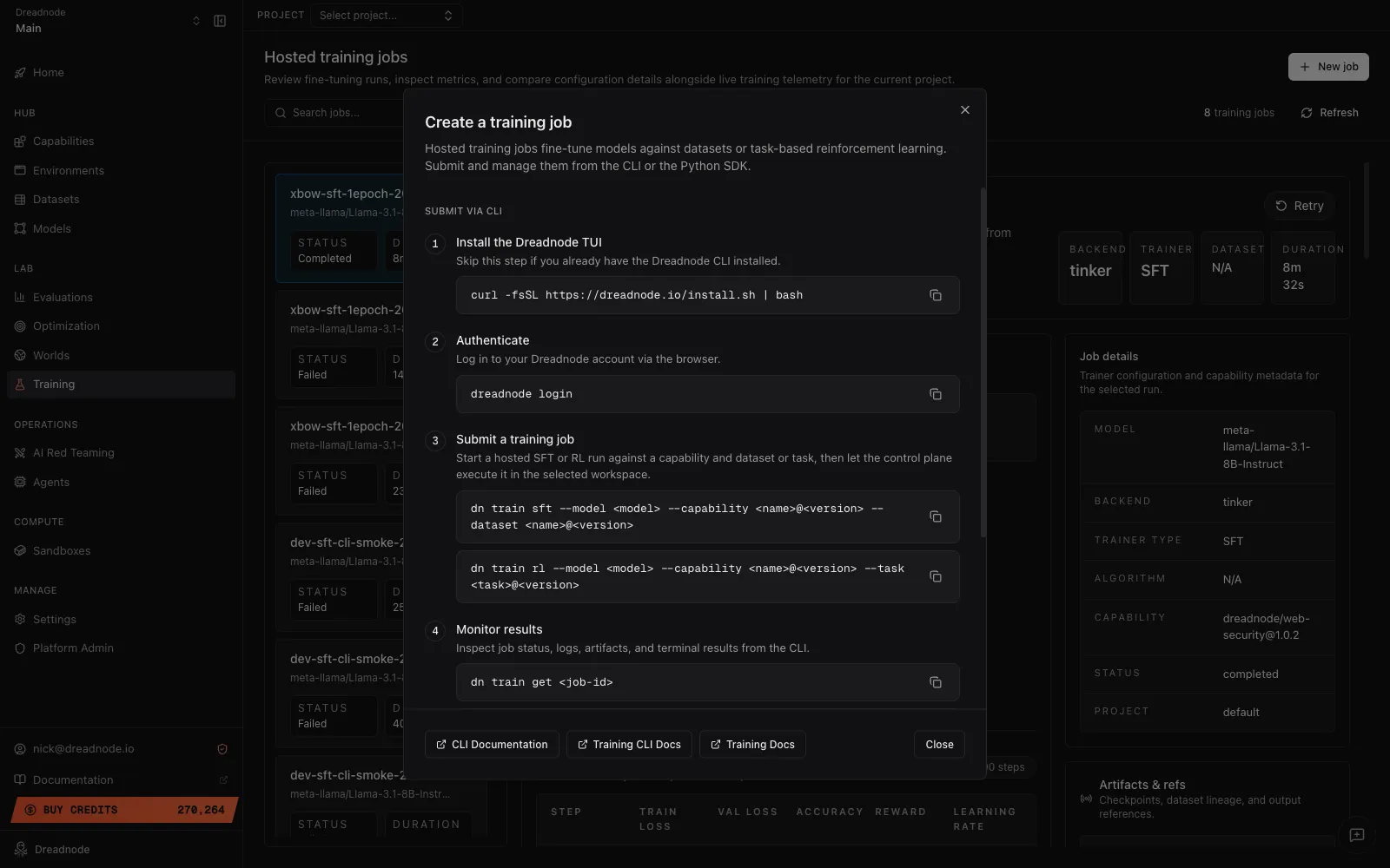 Create a training job modal showing the four CLI steps