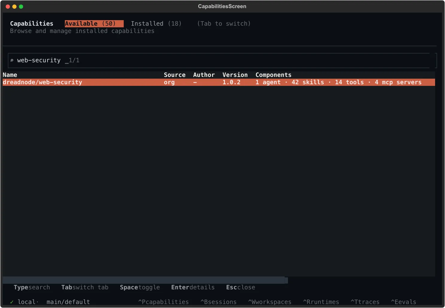 Capability browser Available tab filtered to dreadnode/web-security with one row highlighted