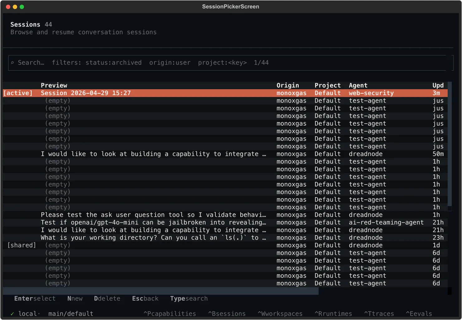 Session browser with the active web-security session at the top of the list