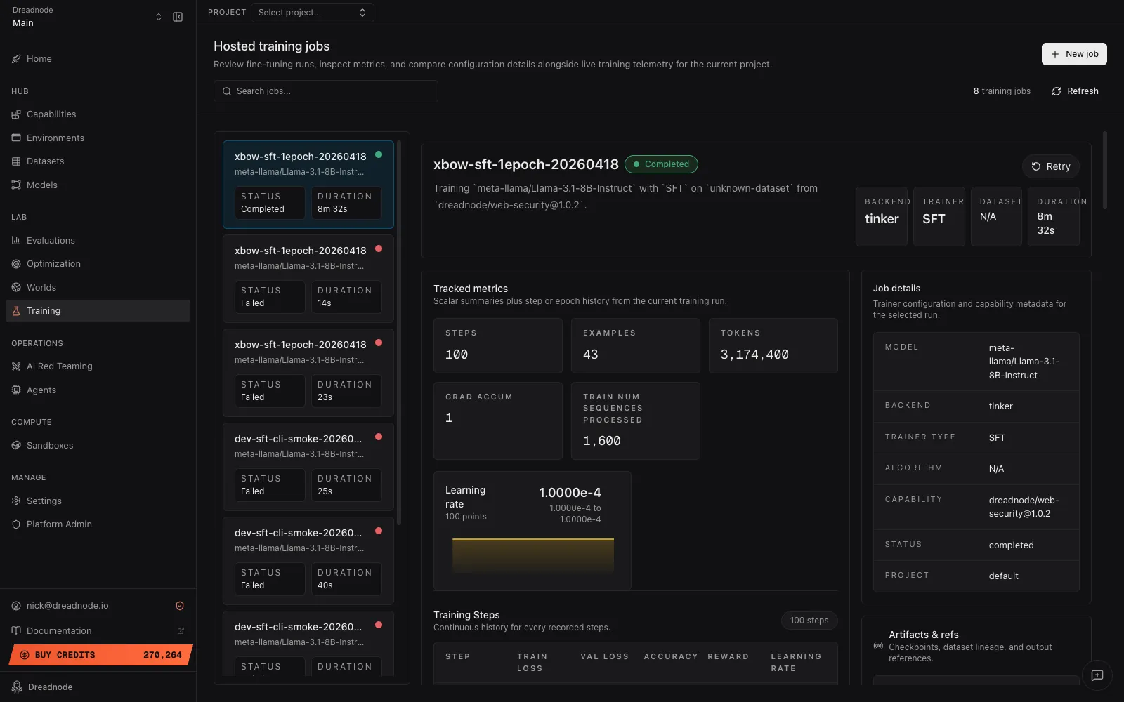 Hosted training jobs view