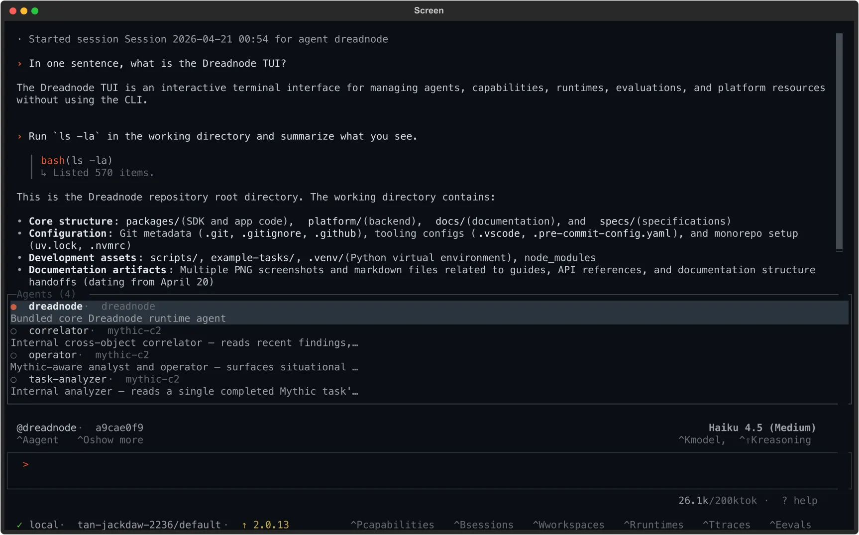 The agent dialog overlay listing the built-in dreadnode agent and three agents contributed by an installed capability.