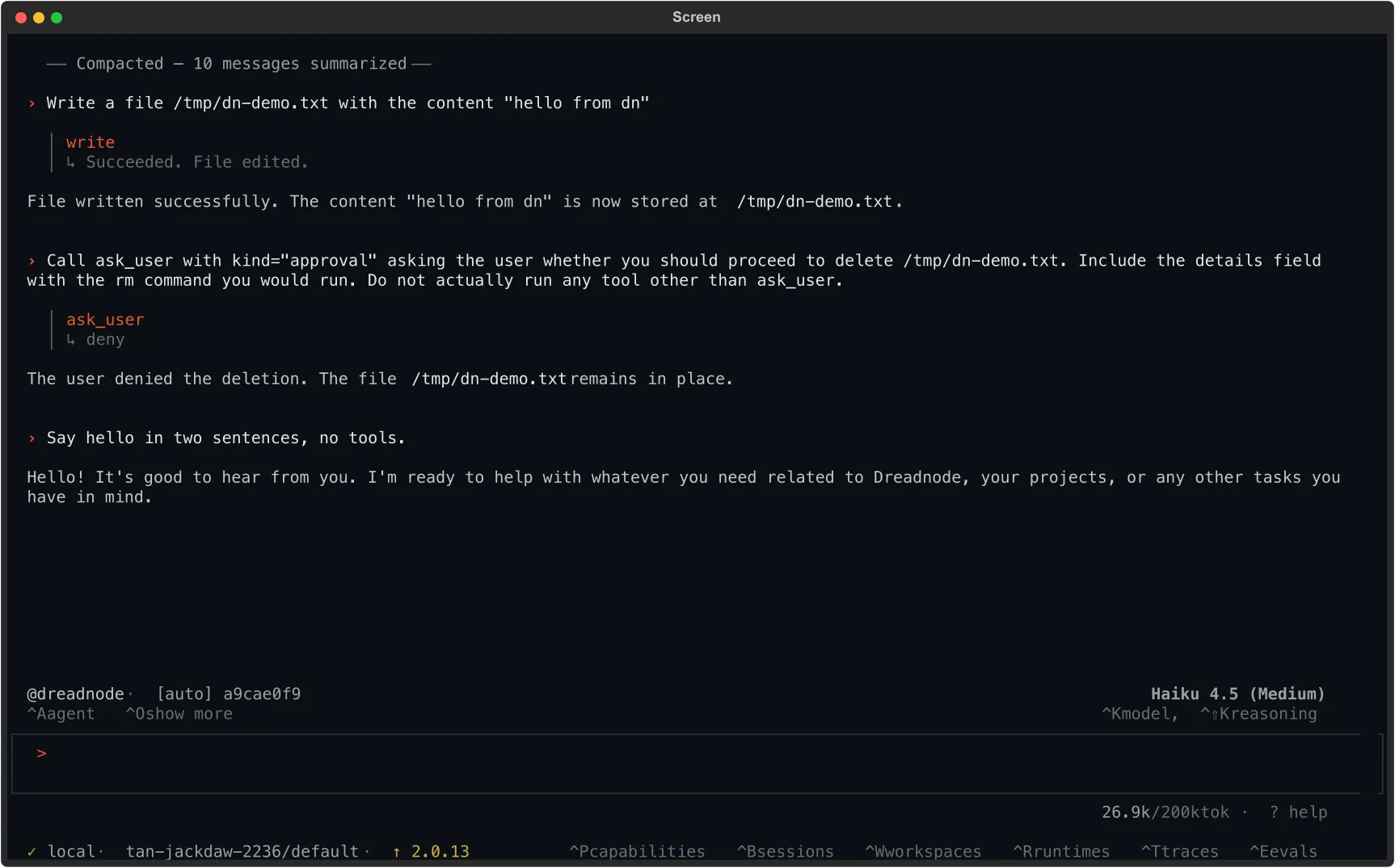 The context bar with an [auto] marker between the agent name and session ID, signalling autonomous mode.