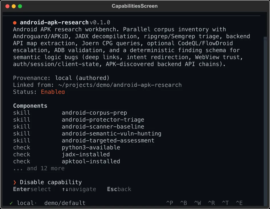 TUI capability manager detail view for android-apk-research showing enabled status, five skills, three of eleven host-CLI checks, and the local source path