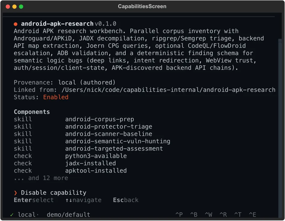 TUI capability manager detail view for android-apk-research showing enabled status, five skills, three of eleven host-CLI checks, and the local source path