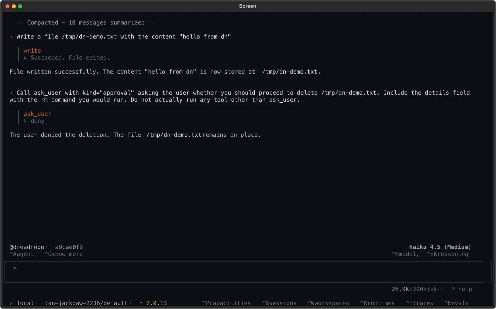 The TUI after running /compact — a ── Compacted — 10 messages summarized ── separator sits above the recent turns, which continue as if nothing happened.