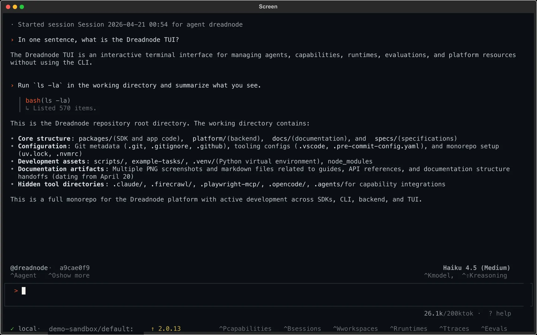 A TUI session showing a user prompt, a bash tool call, and the assistant's reply. The context bar at the bottom shows the active agent, session ID, and model.