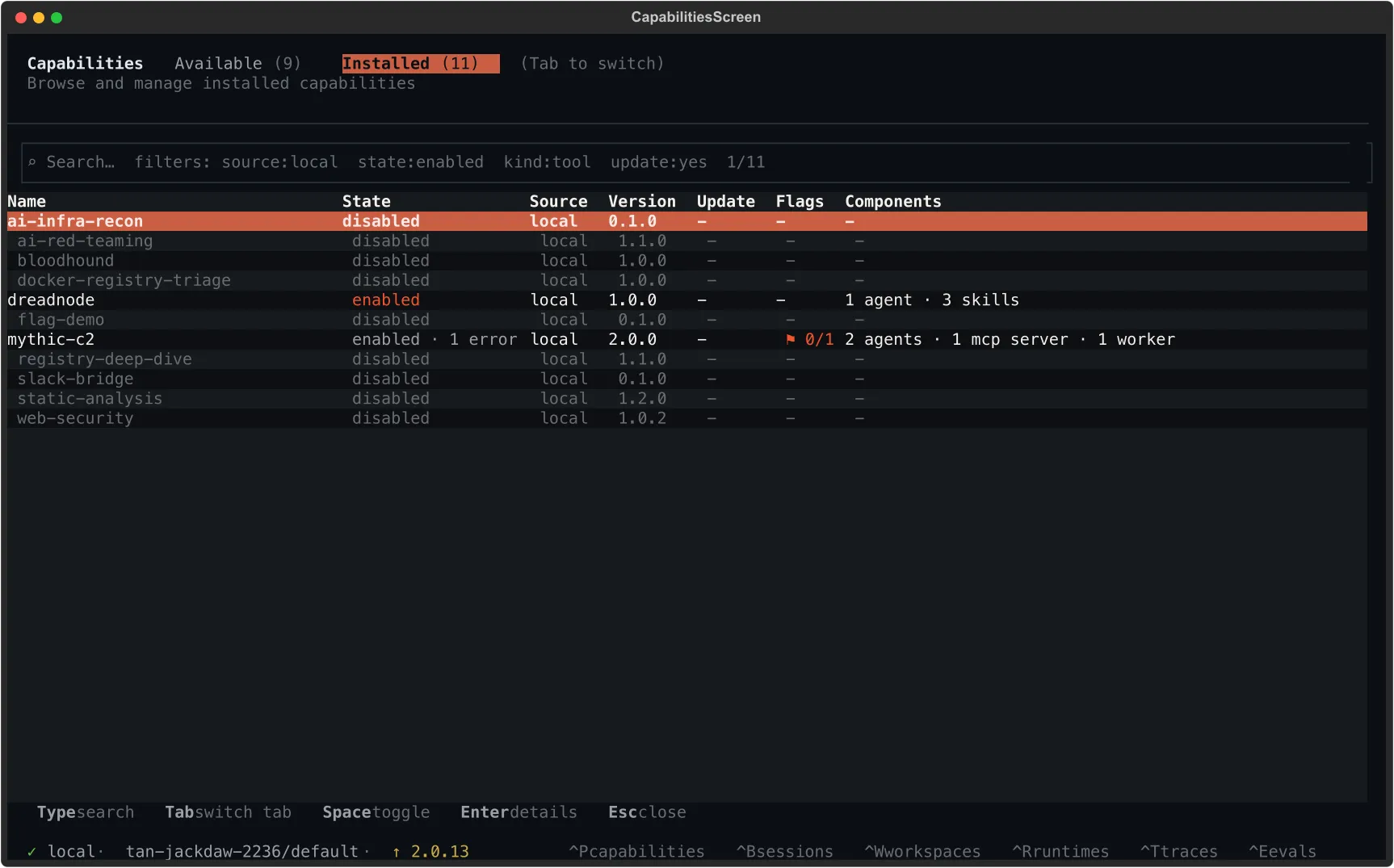Capability manager — Installed tab
