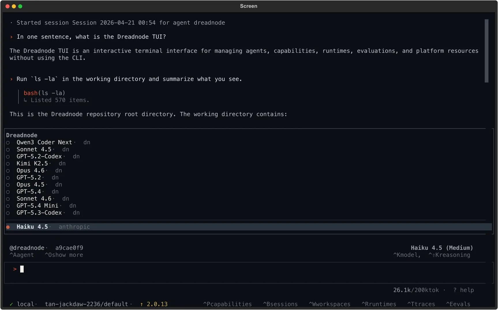 The model picker overlay grouped by provider — Dreadnode-hosted models up top, BYOK providers below.