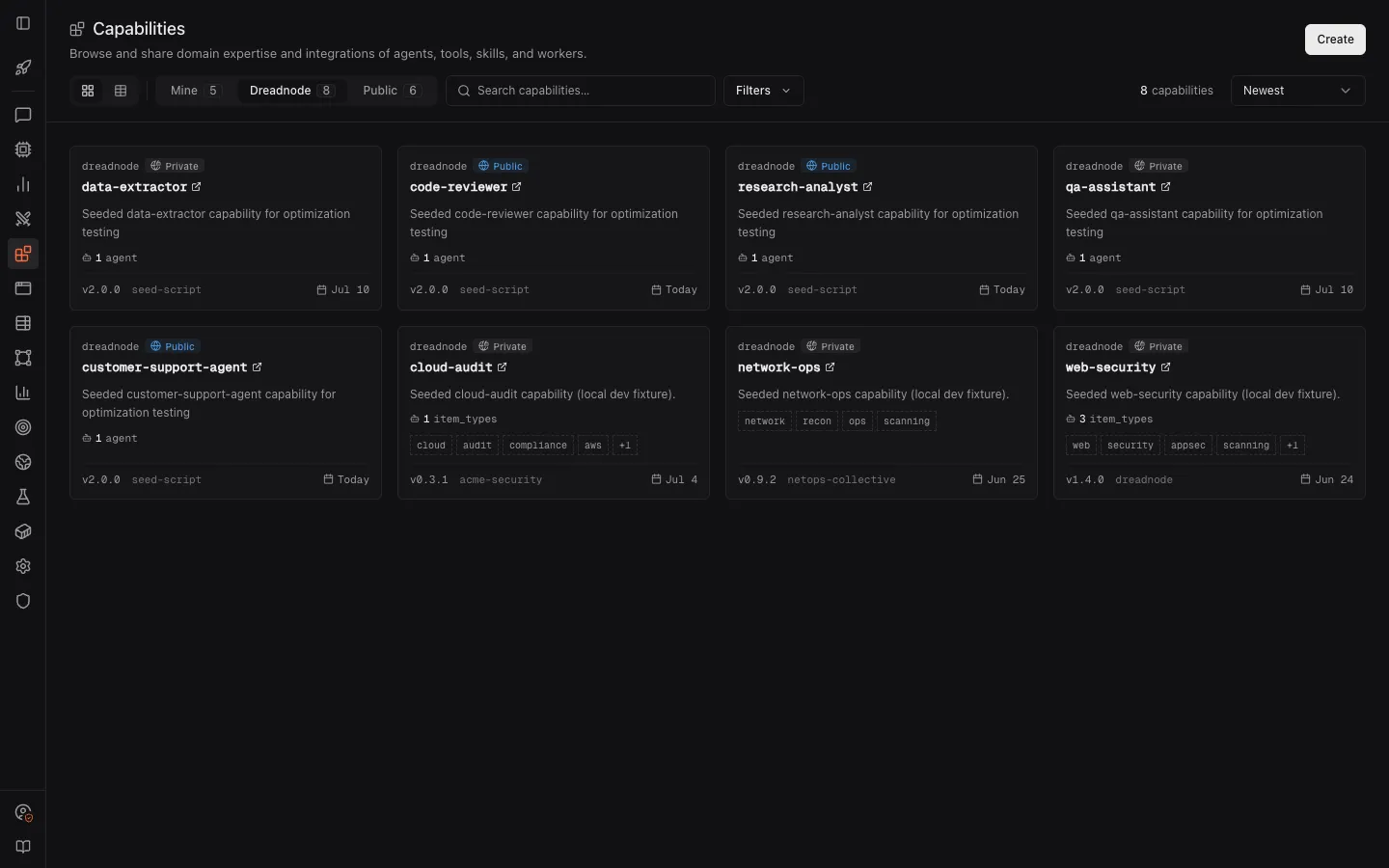 Web capability catalog — grid view