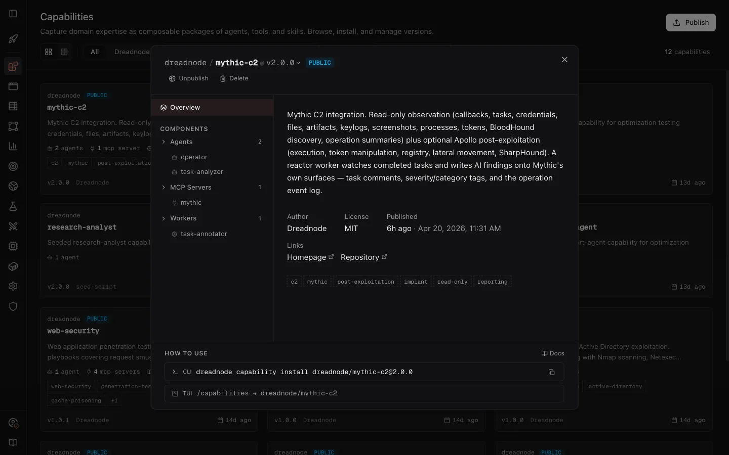 Capability detail drawer with CLI and TUI install commands