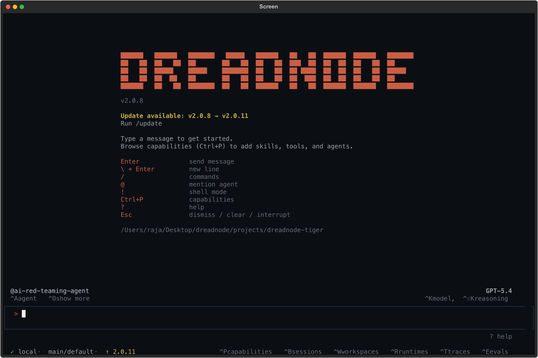 Dreadnode TUI with the AI Red Teaming agent loaded